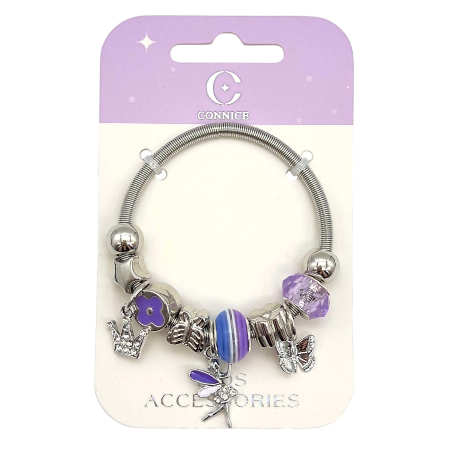 Kids Metal Bracelet With Purple Ballerina & Silver Crown & Butterfly Charms
