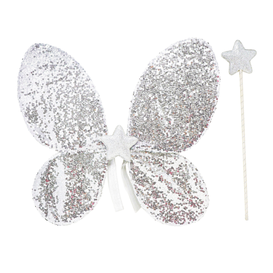 Sequin Wings Silver & Star Wand