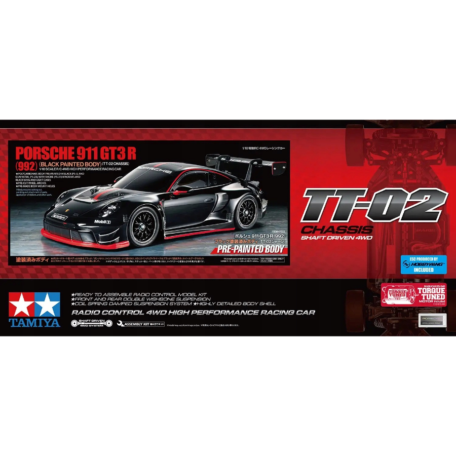 Tamiya Radio Control Kit 1:10 Porsche 911 GT3 R 992 TT-02 Limited Edition Black Painted Body
