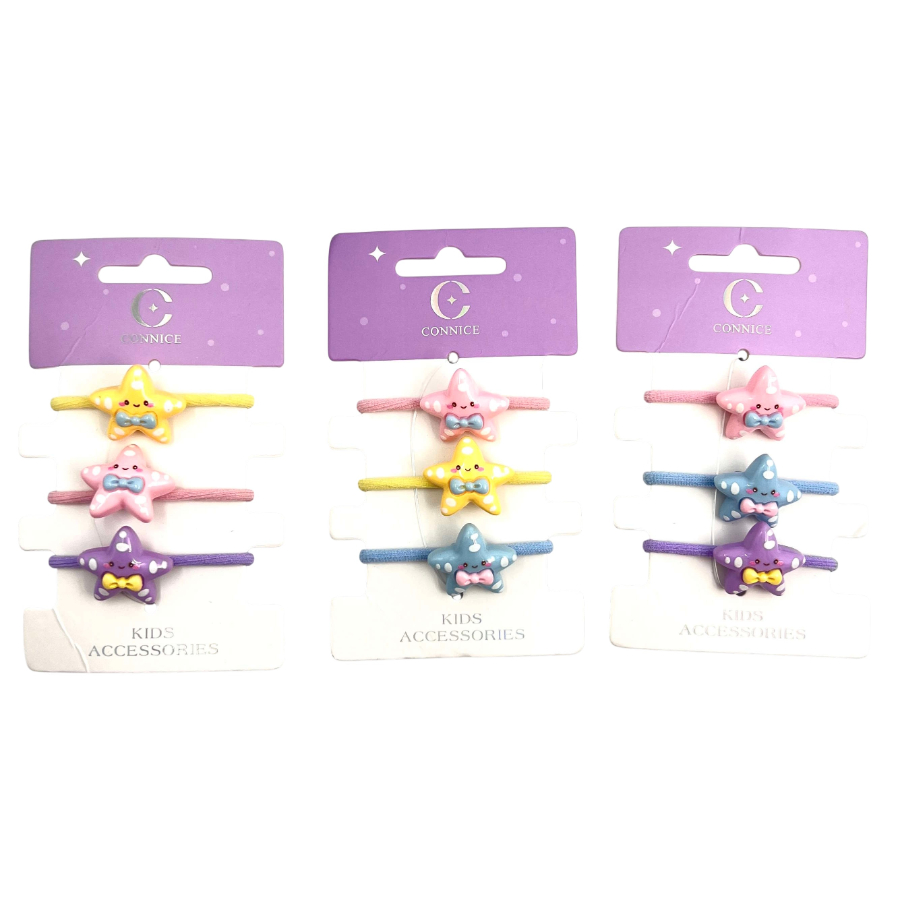 Kids Hair Ties Polka-Dot Smiling Starfish With Bow Tie 3 Pack Assorted