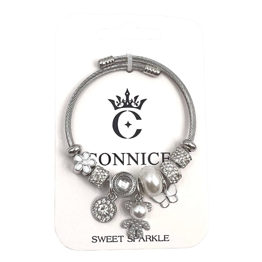 Twisted Wire Bangle With Elegant Pearl Bear Charms