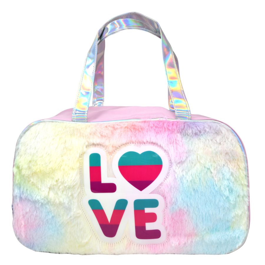 LOVE Duffle Bag With Rainbow Fur & Iridescent Foil Handle