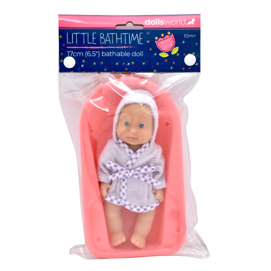 Dolls World Baby Bathtime Doll With Bath 17cm Assorted