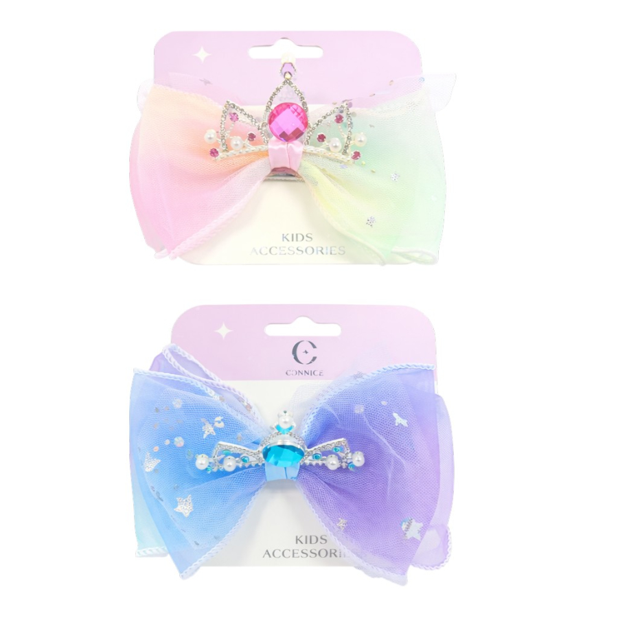 Kids Bow Clip Large Organza Gradient Colour With Crown Assorted