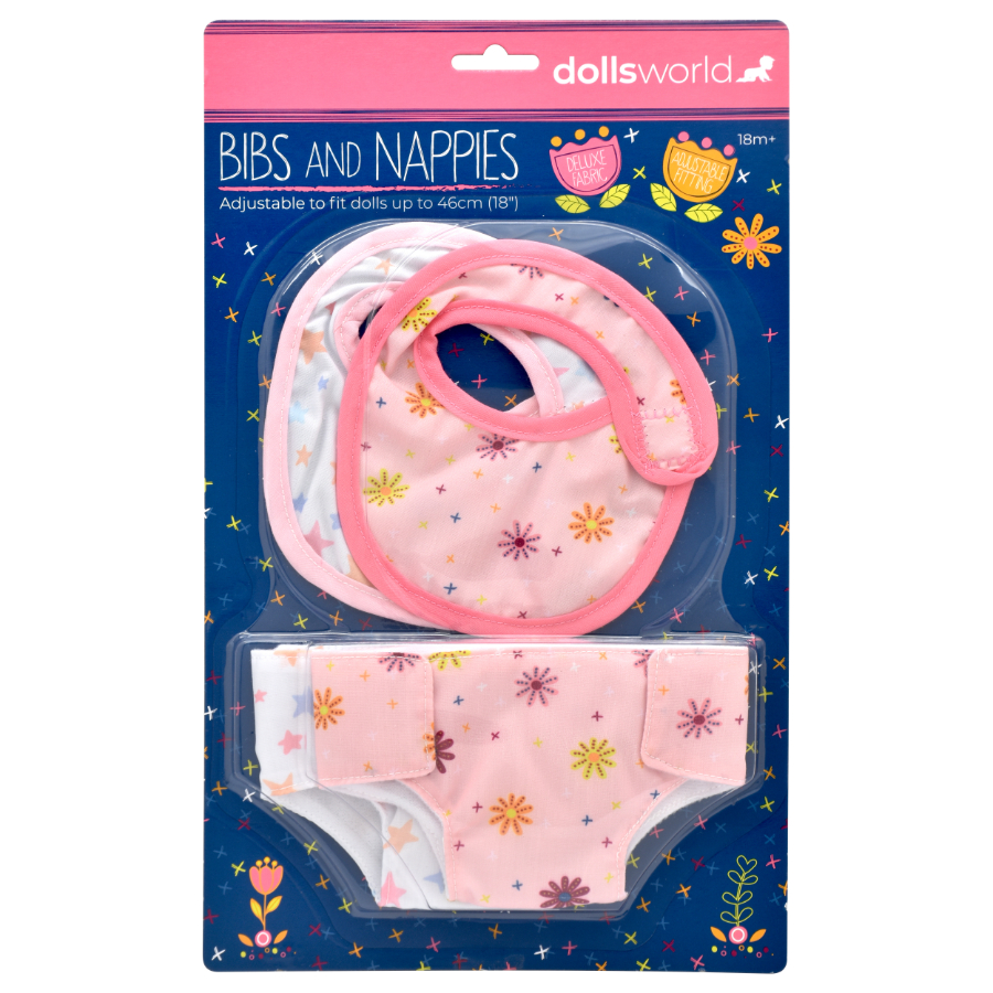 Dolls World Fabric Bibs & Nappies 4 Pack For Dolls Up To 46cm