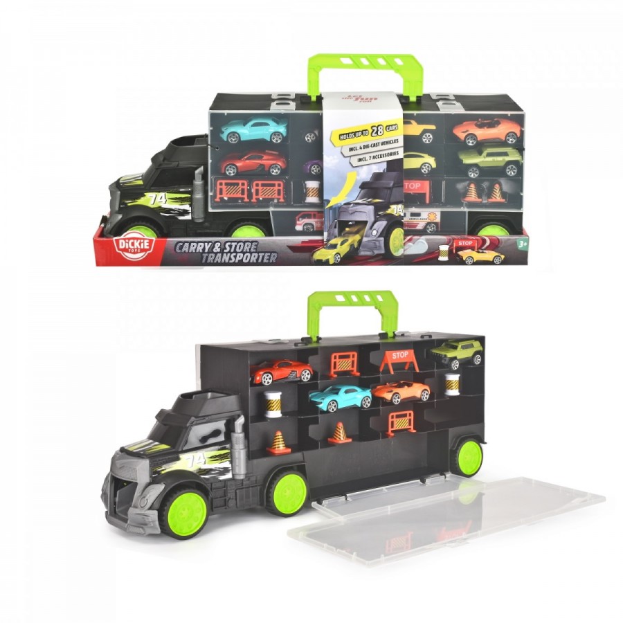 Dickie Toys Carry & Store Car Transporter Truck With 4 Bonus Cars & Accessories