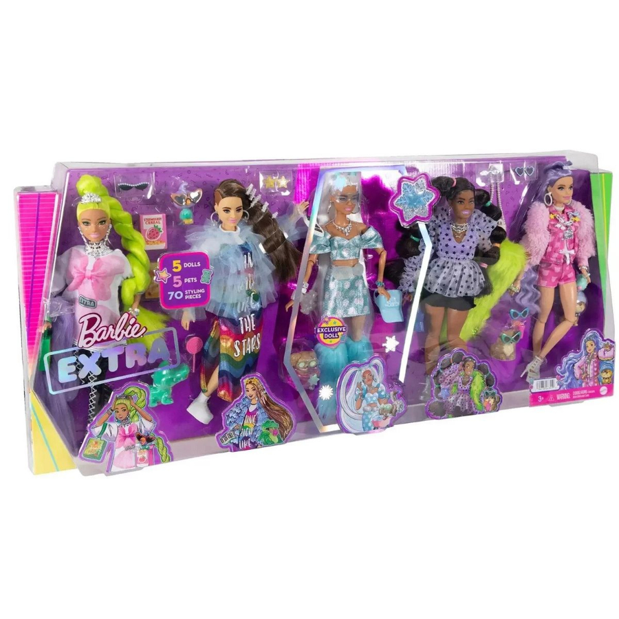 Barbie Extra Doll 5 Pack With Pets & 70 Accessories