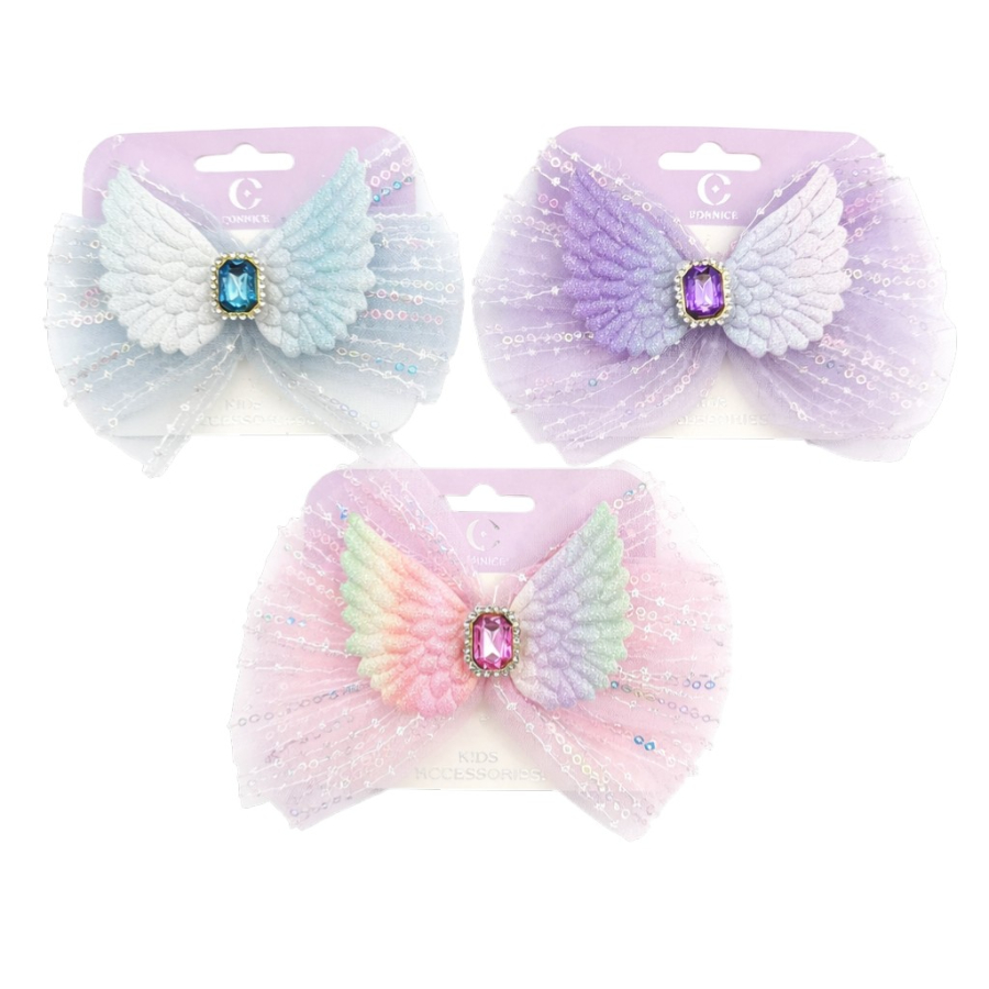 Kids Bow Clip Large Sequined Organza With Angel Wings Assorted