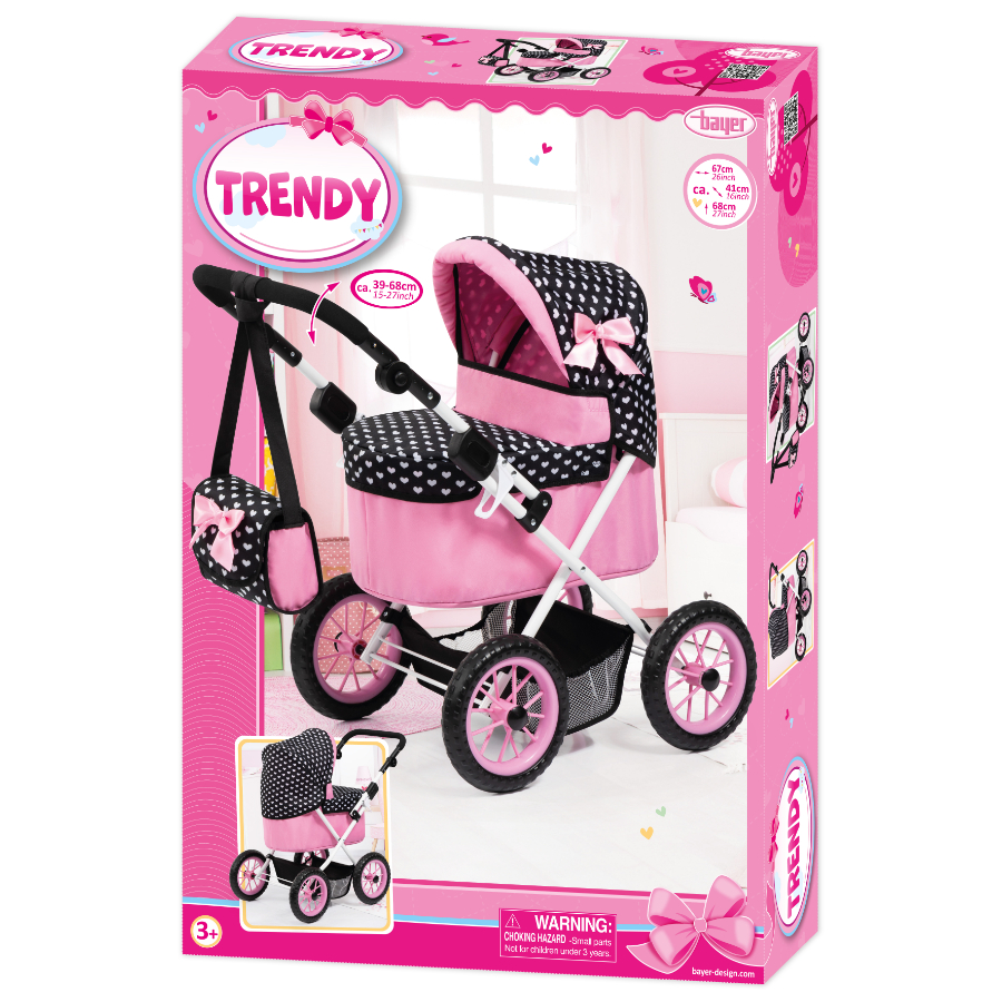 Bayer Trendy Doll Pram Pink with Black Hood & Pink Bow