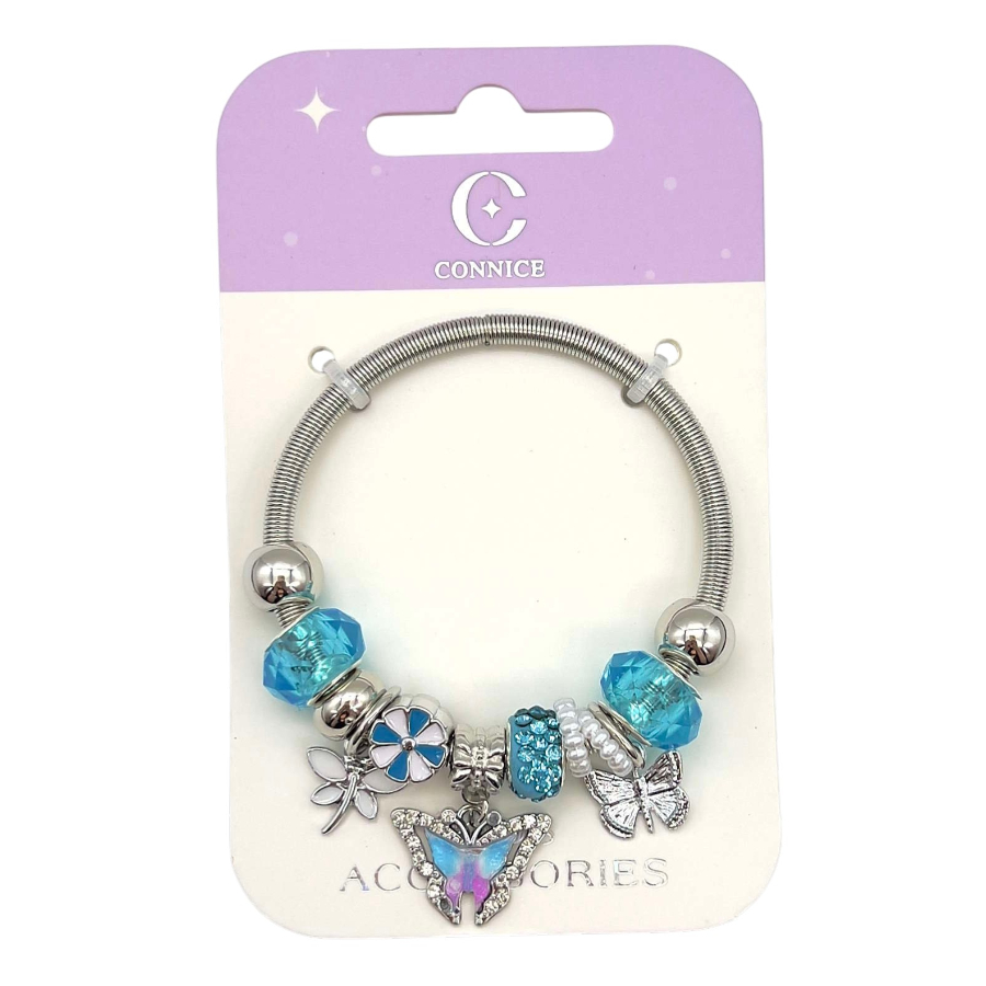 Kids Metal Bracelet With Gradient Butterfly & Blue Rhinestone Charms
