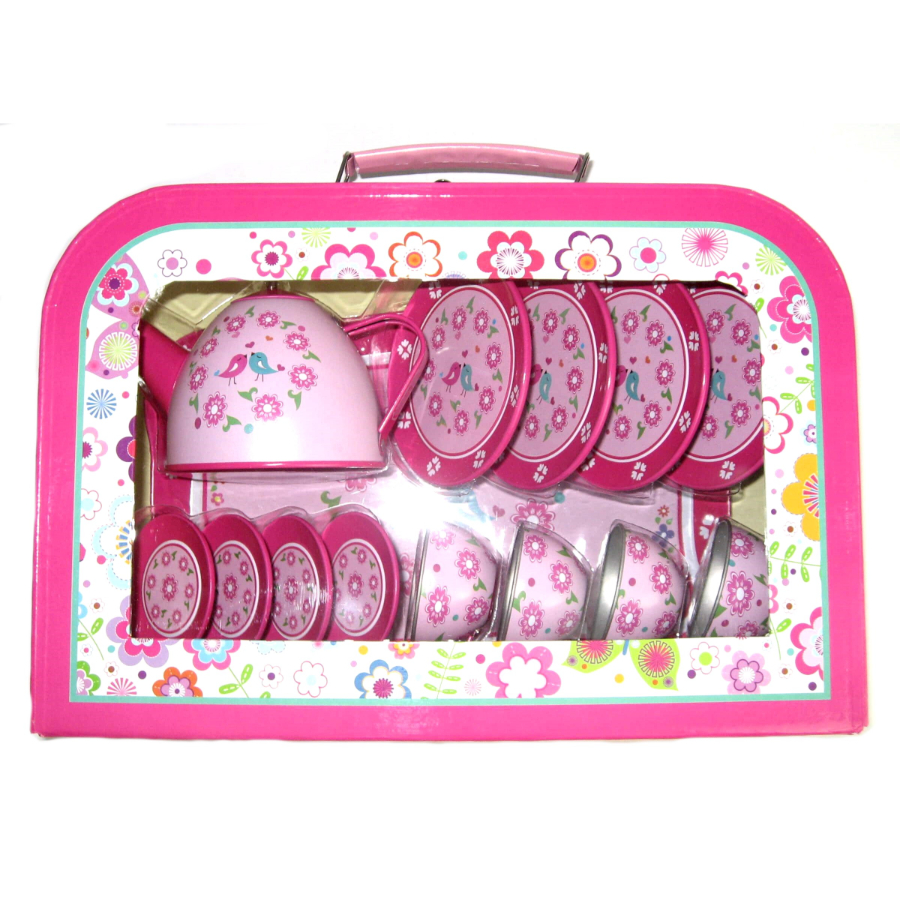 Budaboo Pink Flower Tin Tea Set With 15 Pieces Assorted
