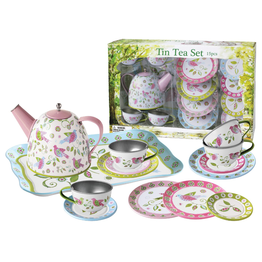 Tin Tea Set Bird Design 15 Pieces