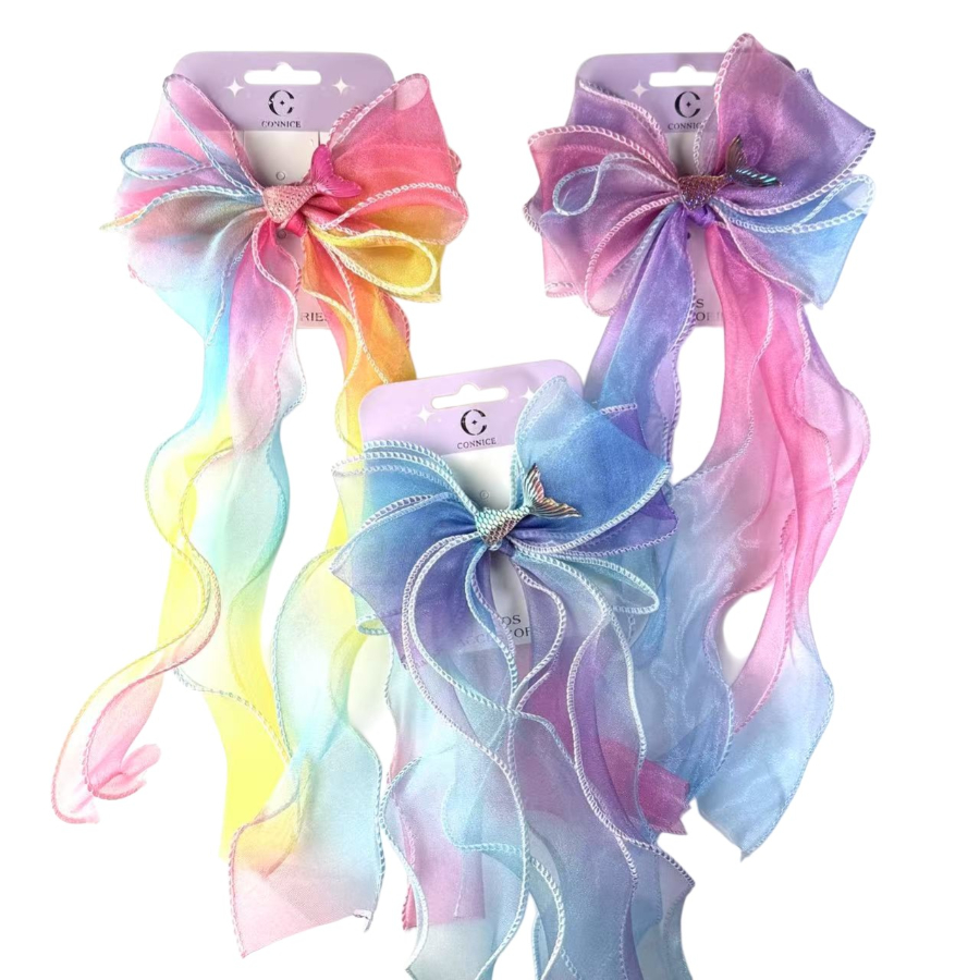 Kids Bow Clip Organza Mermaid Tail Gradient Assorted