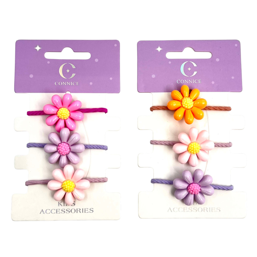 Kids Hair Ties Soft Rope With Daisy Flower Charms 3 Pack Assorted