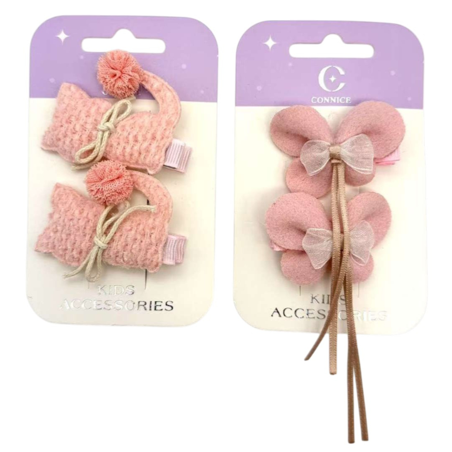 Kids Hair Clips Pink Butterfly & Cat Assorted