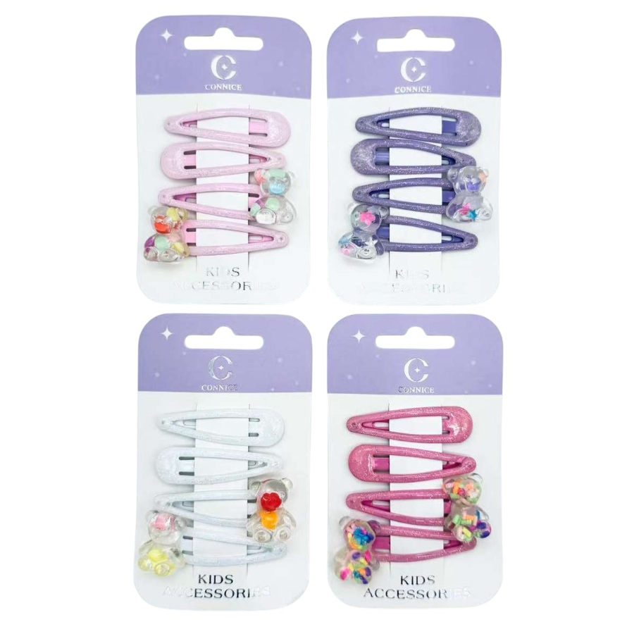 Kids Hair Clips Teddy Bear 4 Pack Assorted