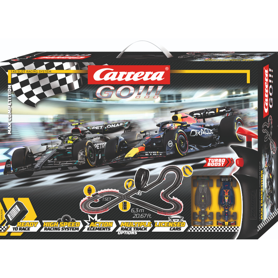 Carrera GO 1:43 Scale Slot Car Set Max Competition F1 Merc AMG & Red Bull 6.3m Track