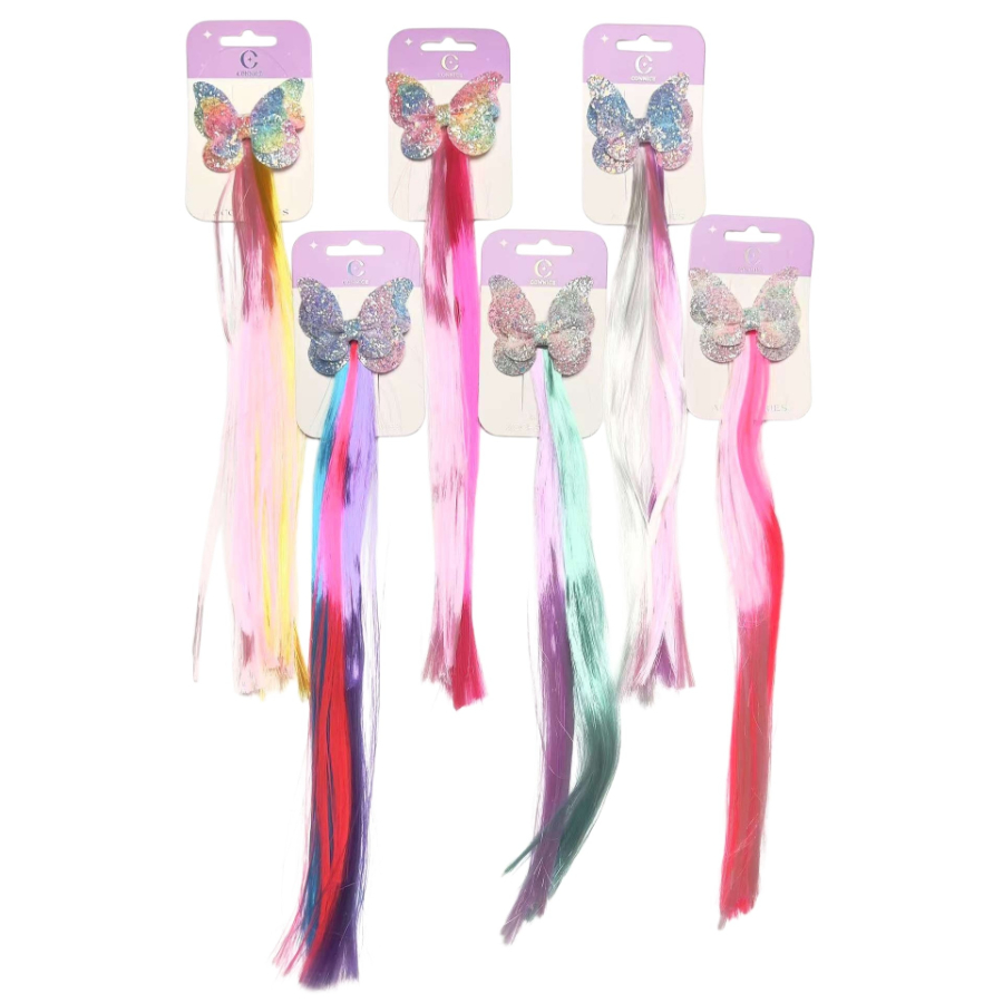 Kids Hair Extensions Colourful With Glitter Butterfly Assorted