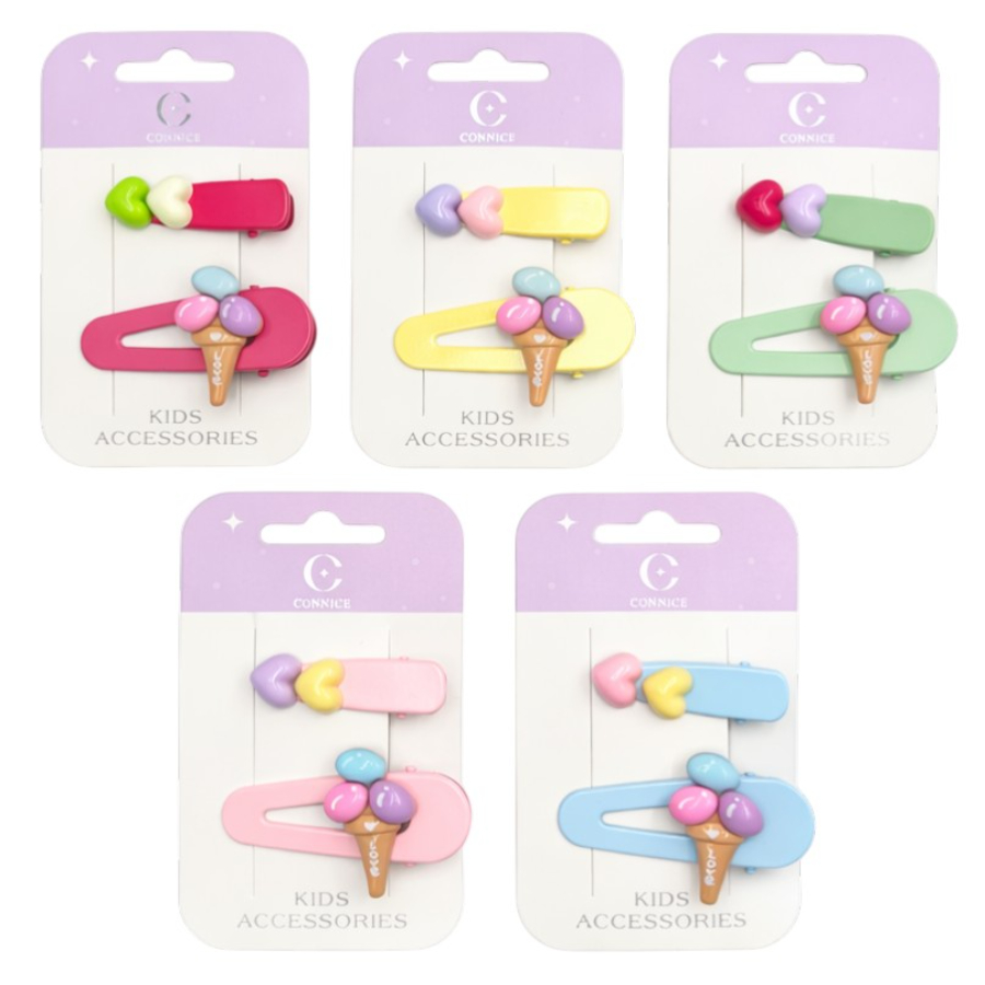Kids Hair Clips Ice Cream & Heart 2 Pack Assorted