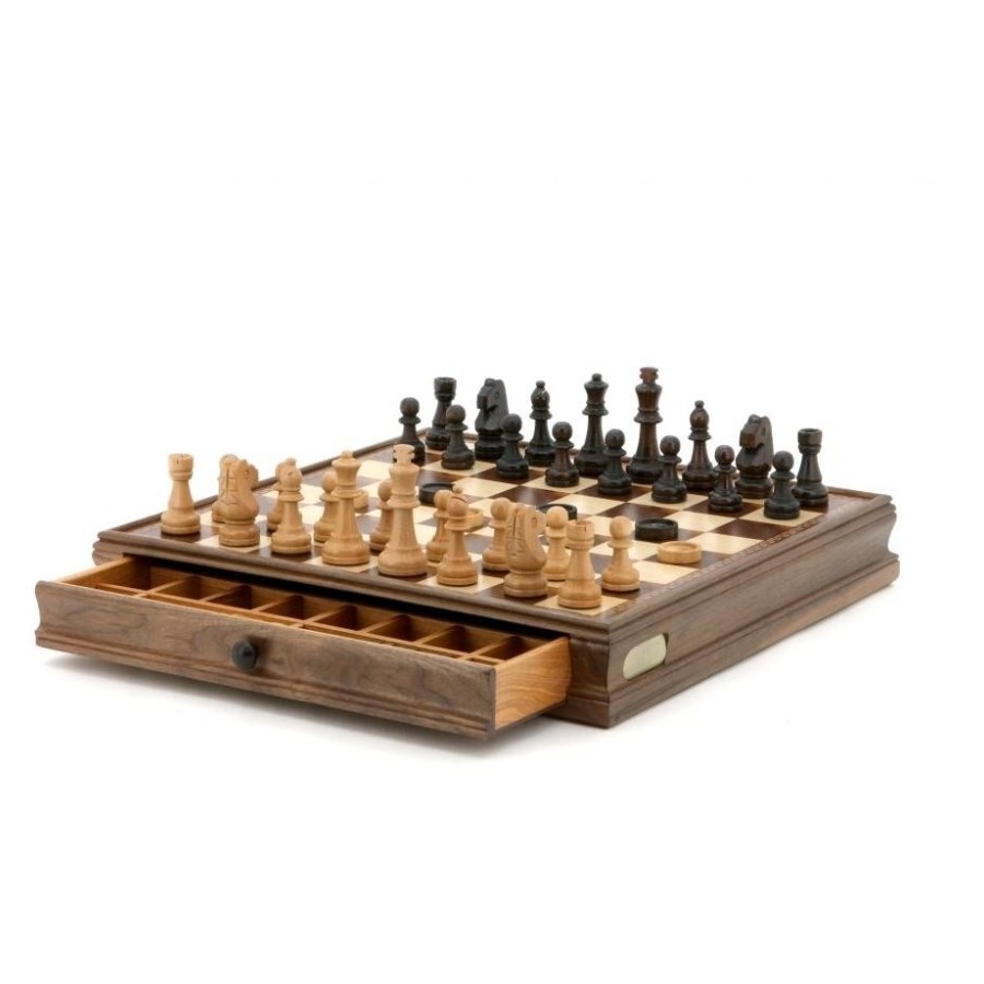Dal Rossi Wood Chess Checkers In Walnut Box With Drawer
