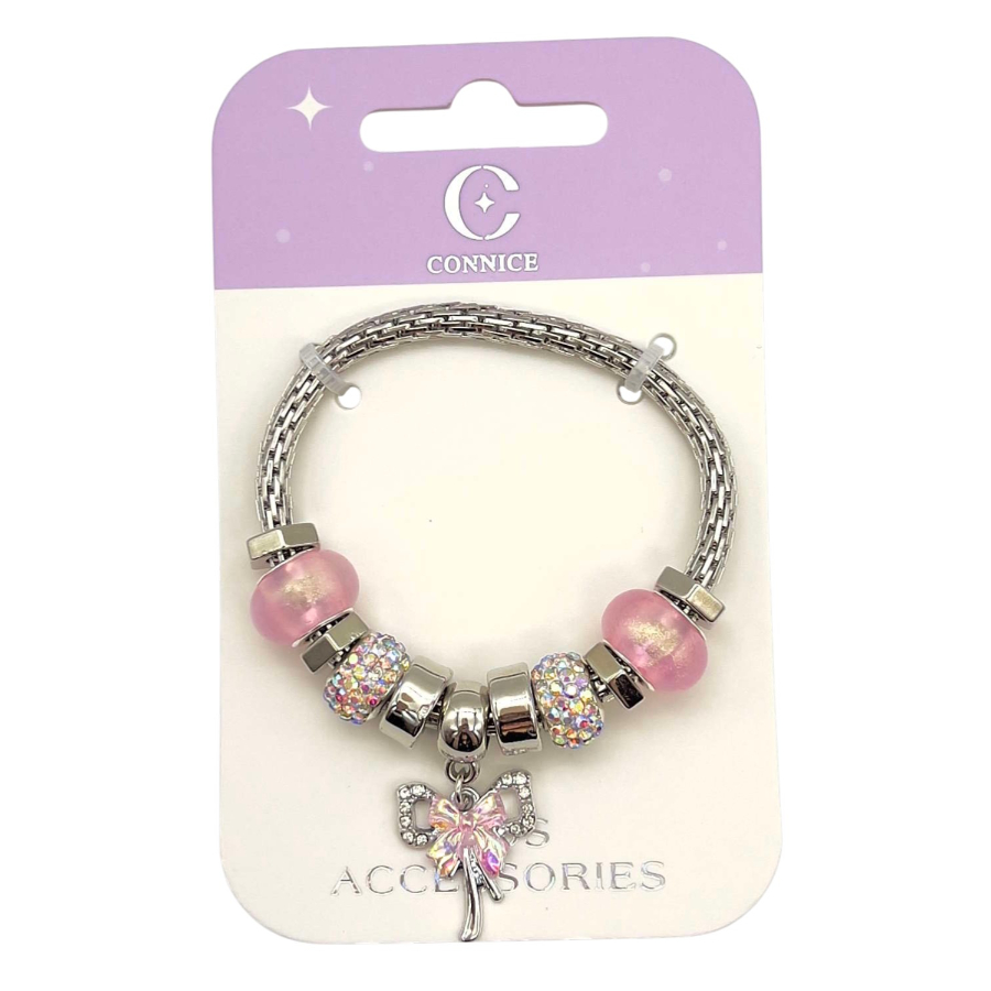 Kids Metal Bracelet With Ballerina Charm & Pink Sparkling Rhinestone Charm