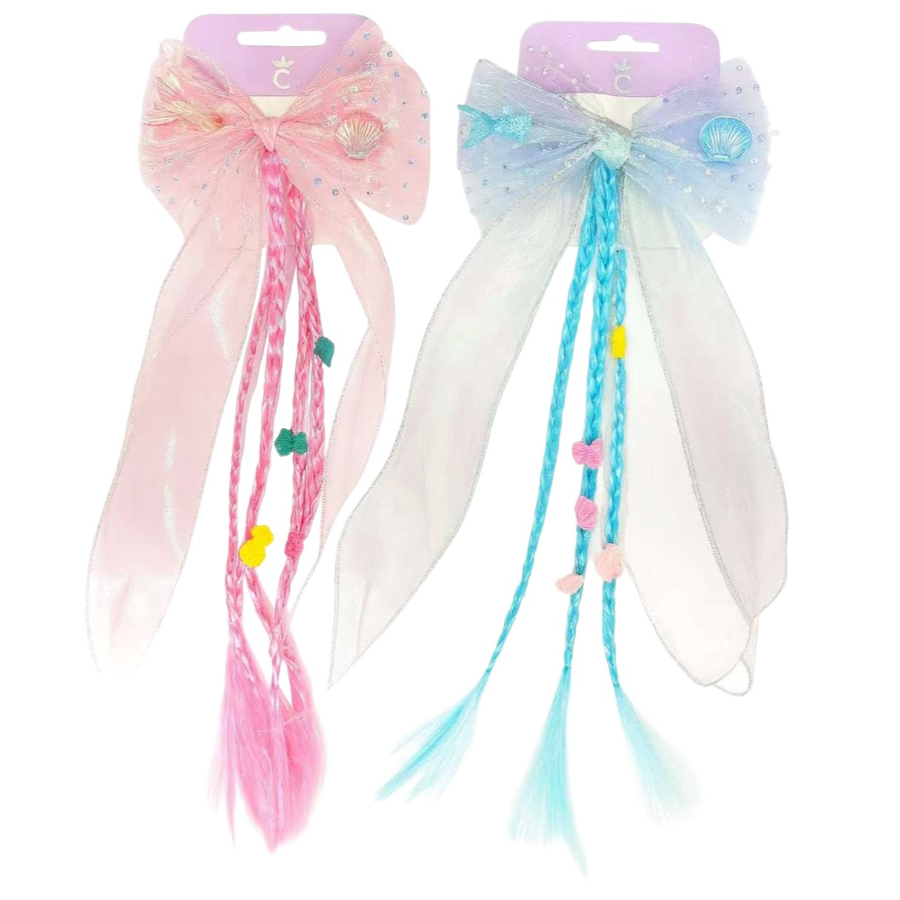 Kids Hair Extensions Iridescent Bow With Braided Strands Assorted