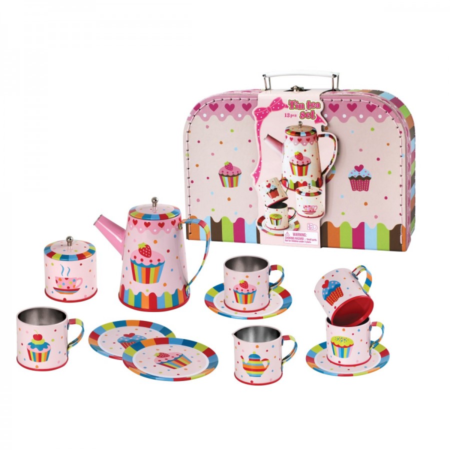 Tea Set Tin 13 Piece Cupcake Design In Carry Case