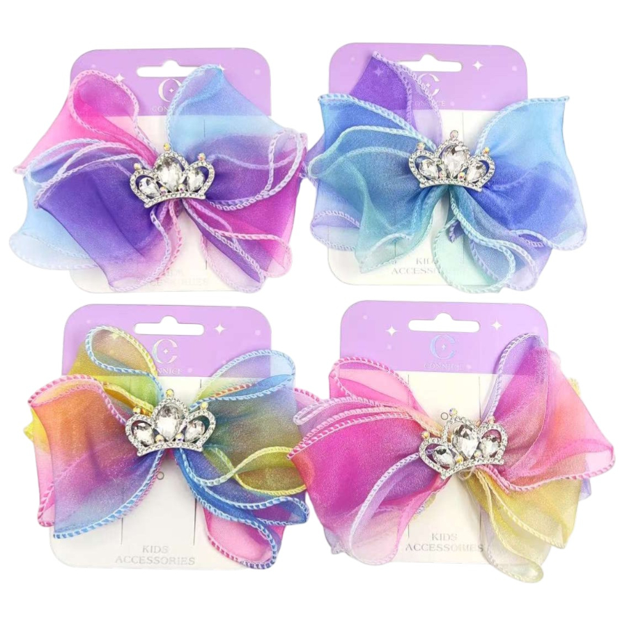 Kids Bow Rainbow Ombre With Crystal Princess Crown Assorted