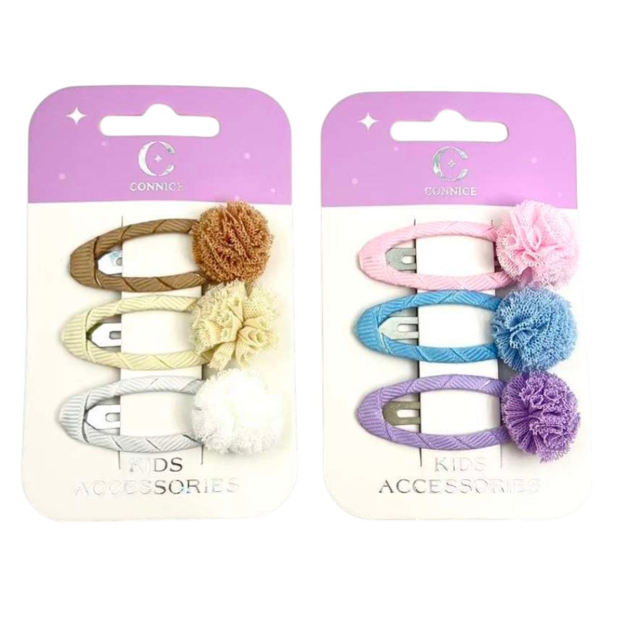 Kids Hair Clips Pom-Pom Knitted Texture 3 Pack Assorted