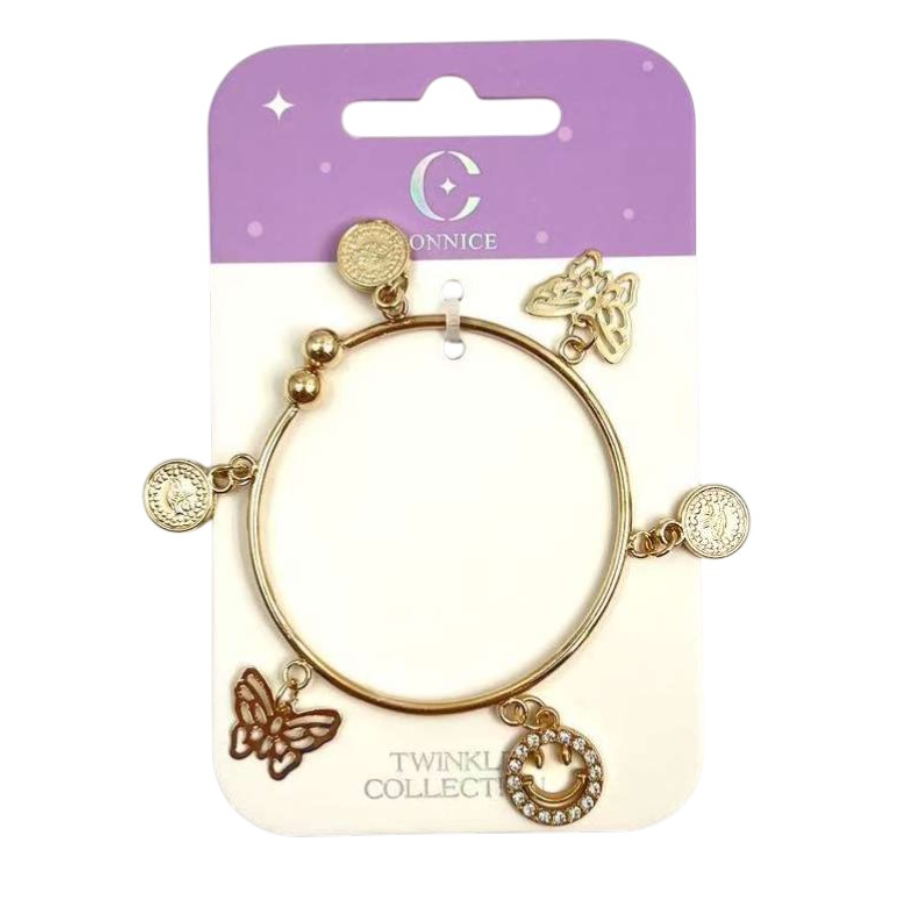Kids Bangle Gold With Butterfly & Coin Charms