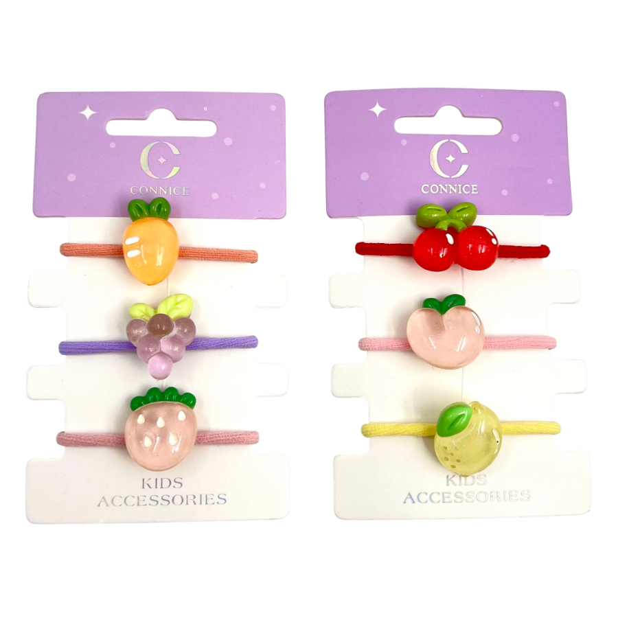 Kids Hair Ties Glossy Pastel Fruit Shapes 3 Pack Assorted